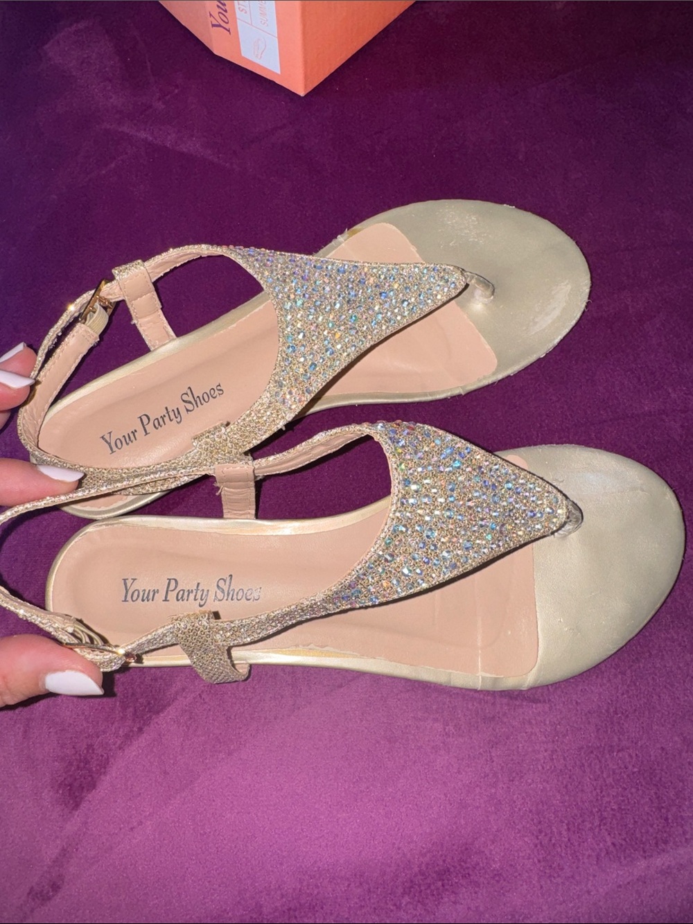 Your Party Shoes Women's Champagne Gold Rhinestone T-Strap Sandals Ankle Strap 7